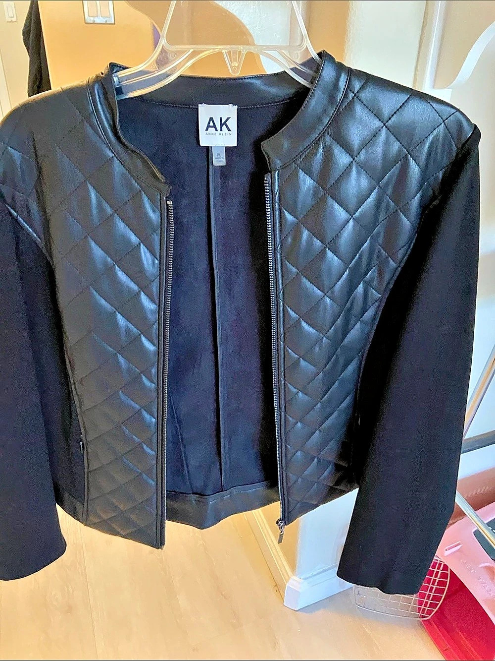 Anne Klein AK Anne Klein Quilted Faux-Leather Mixed Media Moto Jacket AK Quilted